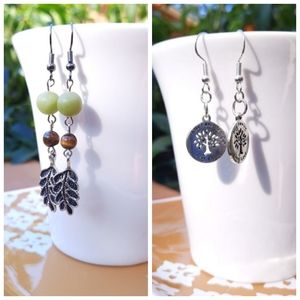 Tiger's Eye Green Jade Leaf Earrings & Family Tree Earrings Bundle